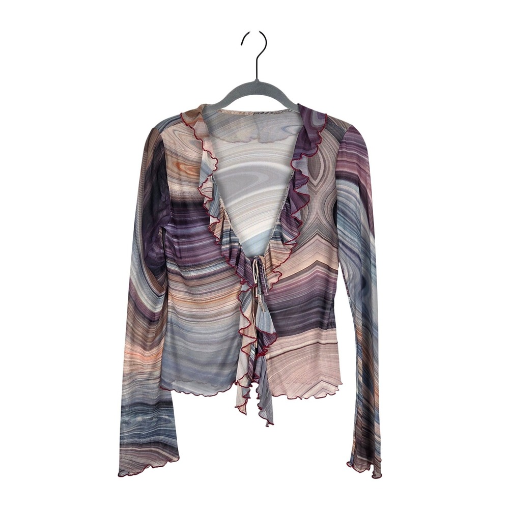Y2K Sheer Abstract‎ Print Ruffle Tie Front Long Sleeve Psychedelic Boho Retro